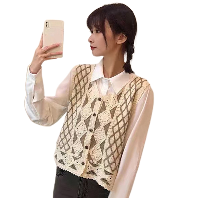 Women Vintage Argyle Diamond Plaid Crochet Sweater Vest Waistcoat Sleeveless Knitted Button Down Cropped Cardigan Jacket alx