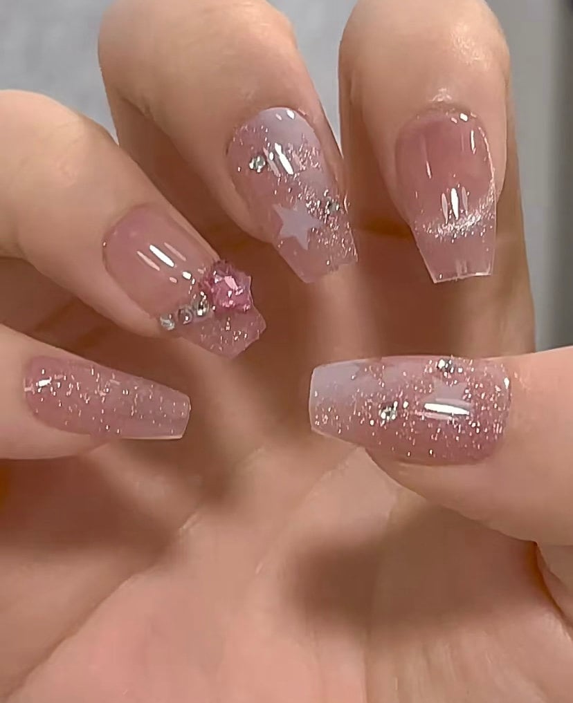 Glitter Pink and White Star Press On Nails/ Shining Star Nails #363