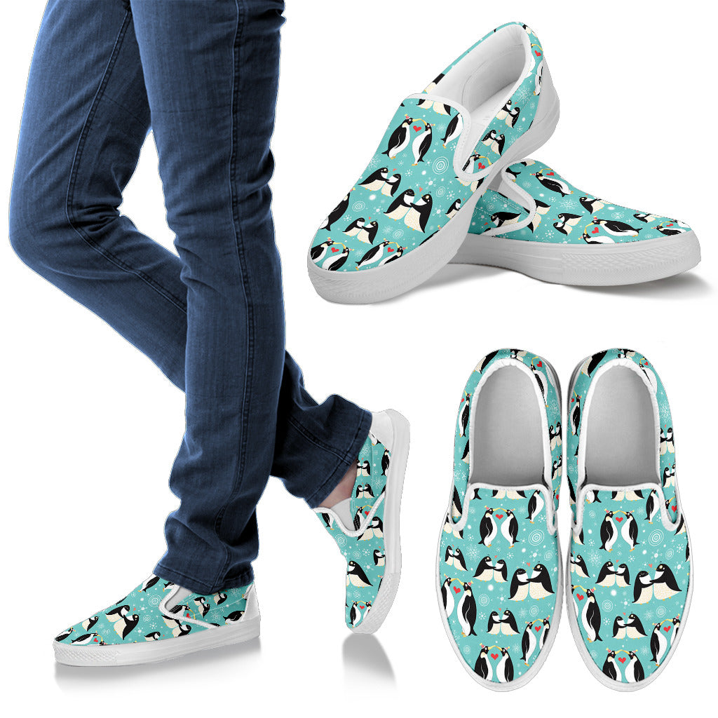 Penguin Love Print Men Slip Ons Shoes