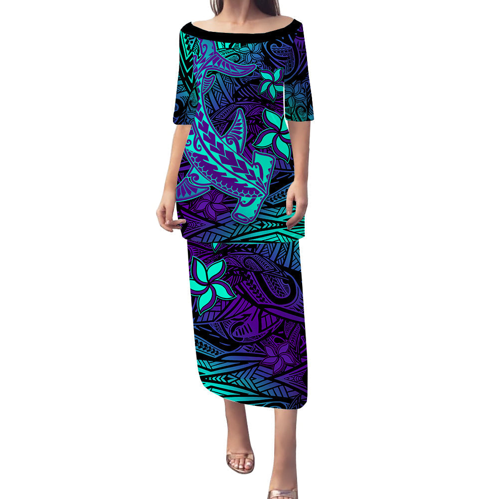 Custom Personalised Polynesian Puletashi Dress Purple Paradise Hawaiian Tribal Hammerhead Shark Lt14