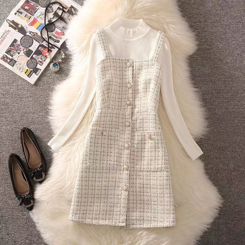 Women’s Spring Autumn Sexy Split Tweed Bag hip Mini Skirt Suits Knitted Tops+Chic Pearl Button Vest Pencil dress Two Piece Sets alx