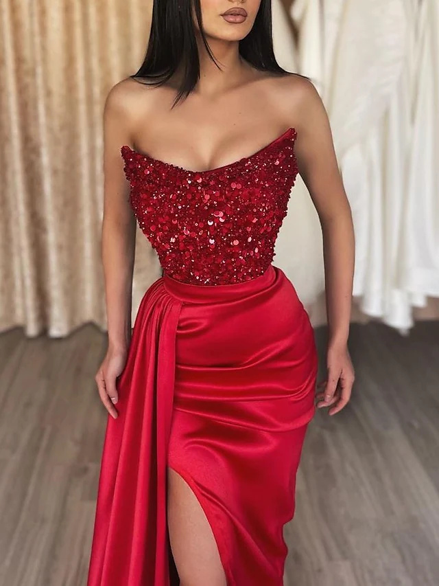 A-Line High Split Formal Evening Dress Strapless Sleeveless Sweep Brush Train Satin With Sequin Slit Women Party Gowns 2022 alx