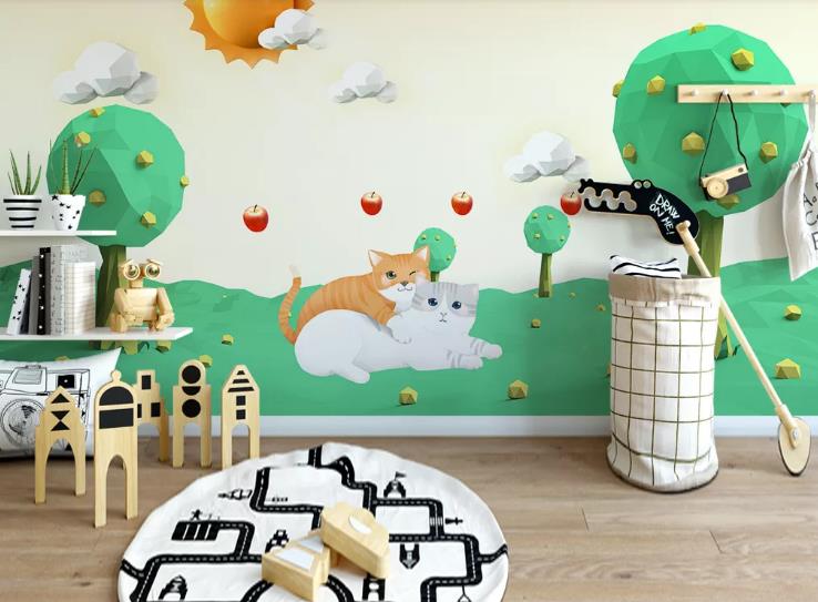 3D Hand Drawn Cat Green Lawn Animal Wall Mural Wallpaper Lqh 214