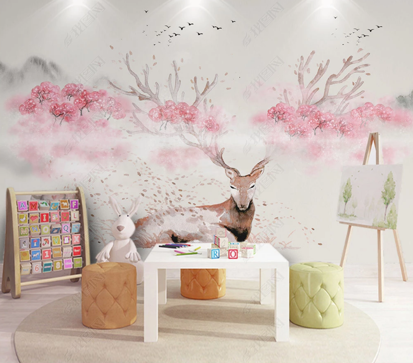 3D Hand Drawn Pink Floral Tree Mountain Buck Bird Animal Background Wall Mural Wallpaper Lxl