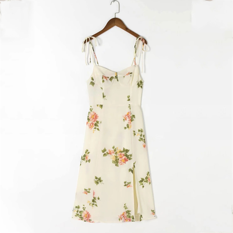 Spaghetti Strap Lace Up Beige Chiffon Summer Dress Sexy Slip Midi Sleeveless Dress Robe Big Flower Print Women Beach Dress Boho alx