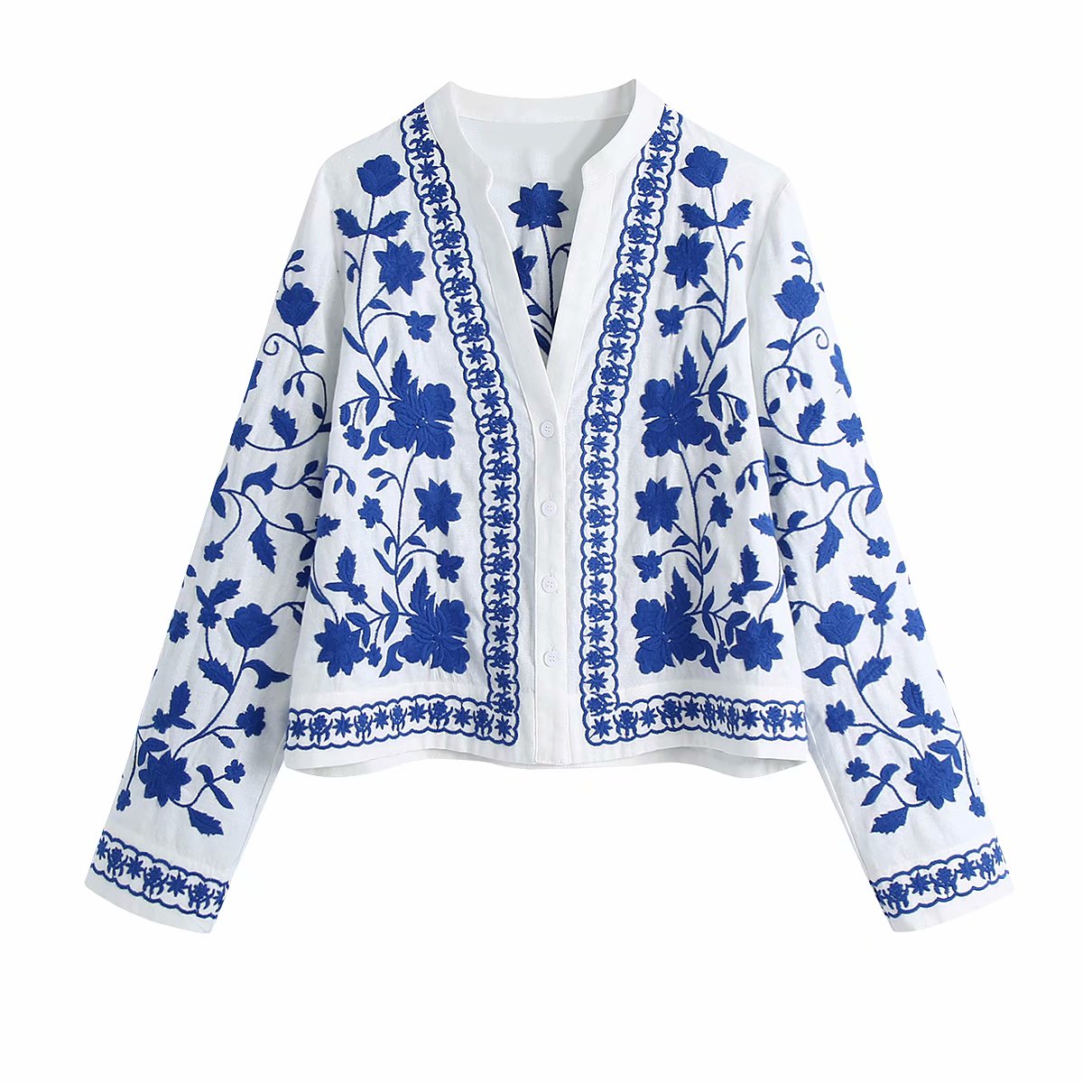 Zevity Women Vintage V Neck Blue and White Porcelain Embroidery Shirts Female Long Sleeve Kimono Blouse Roupas Chic Tops LS9193 alx