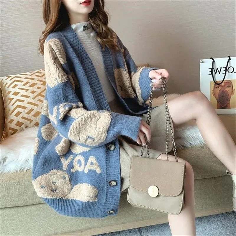 Spring Autumn Women’s Clothing Fashion Sweater Knitted Cardigan Jacket New Loose Long V-Neck Sweater Outside Wear Knitting Coat alx