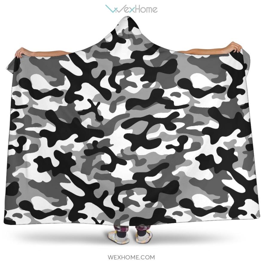 Black White Camo Camouflage Pattern Hooded Blanket