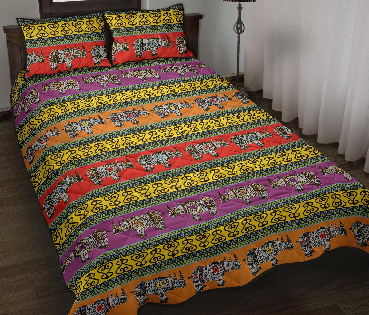 Rhino African Afro Dashiki Adinkra Kente Pattern Ethnic Motifs Quilt Bed Set