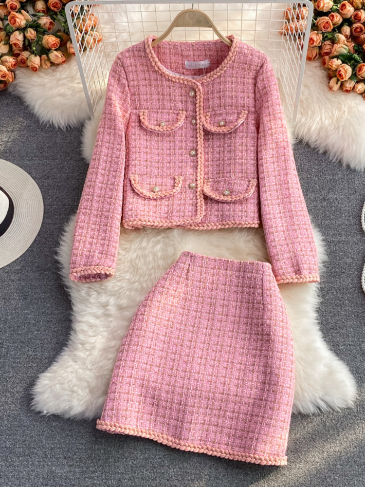 Small Fragrant Korean Sweet Tweed 2 Piece Set Women Woolen Jacket Coat Crop Top + Skirts Sets Autumn Winter Fashion Skirt Suits alx