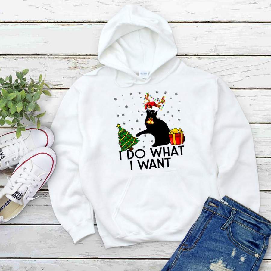 Black cat christmas i do what i want santa hat snowflakes xmas tree white hoodie for men and women S-5XL