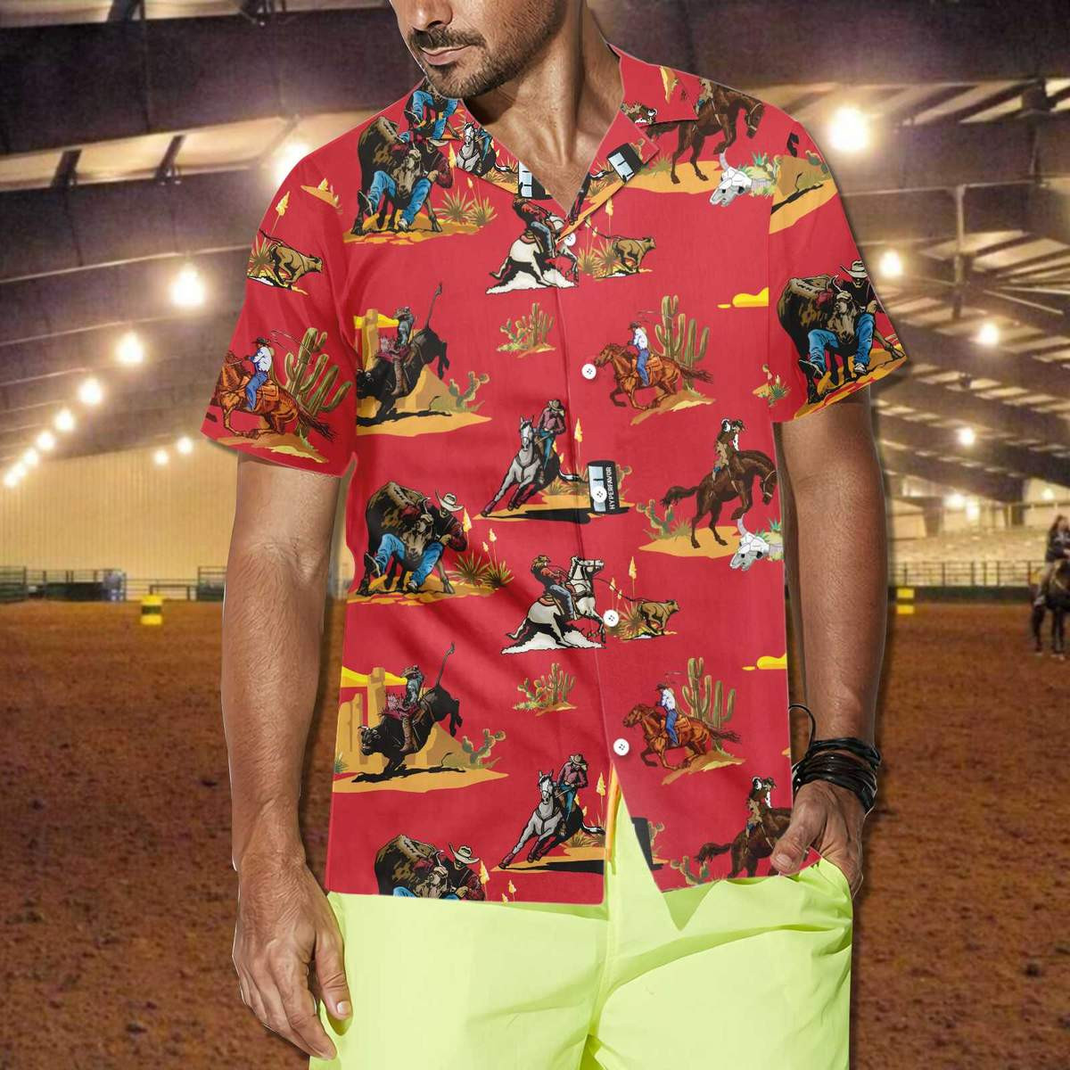 Red Pattern Rodeo Cowboy Hawaii Shirt H Ha80237