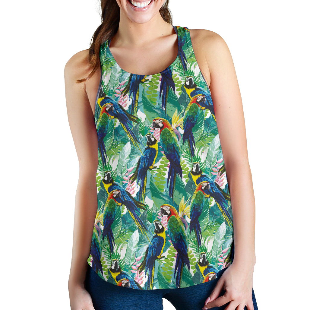 Colorful Parrot Exotic Flower Leaves Women Racerback Tank Top