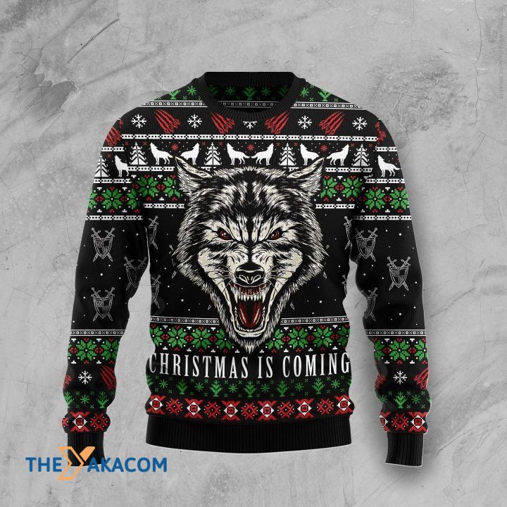 Black And White Angry Wolf Christmas Is Coming Gift For Christmas Ugly Christmas Sweater