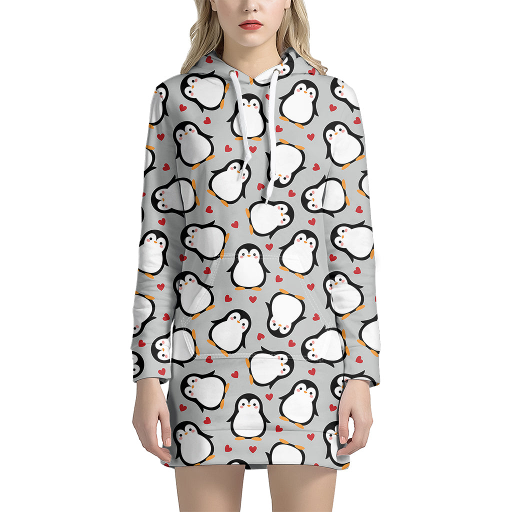 Red Heart And Penguin Pattern Print Women’S Pullover Hoodie Dress