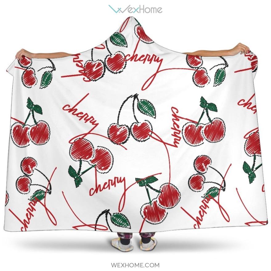 Hand Drawn Cherry Pattern Hooded Blanket