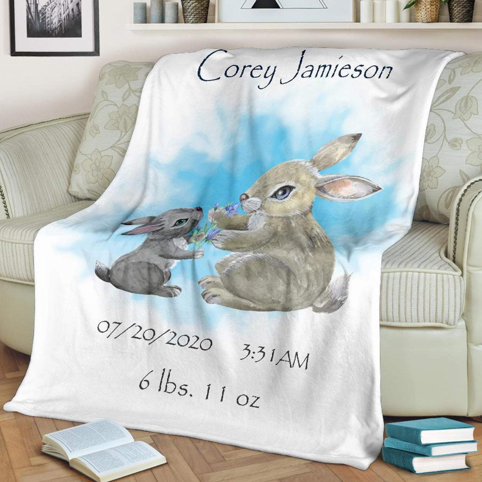 Personalized Baby Blankets With Name, Custom Baby Name And Birthday, Bunny Blanket