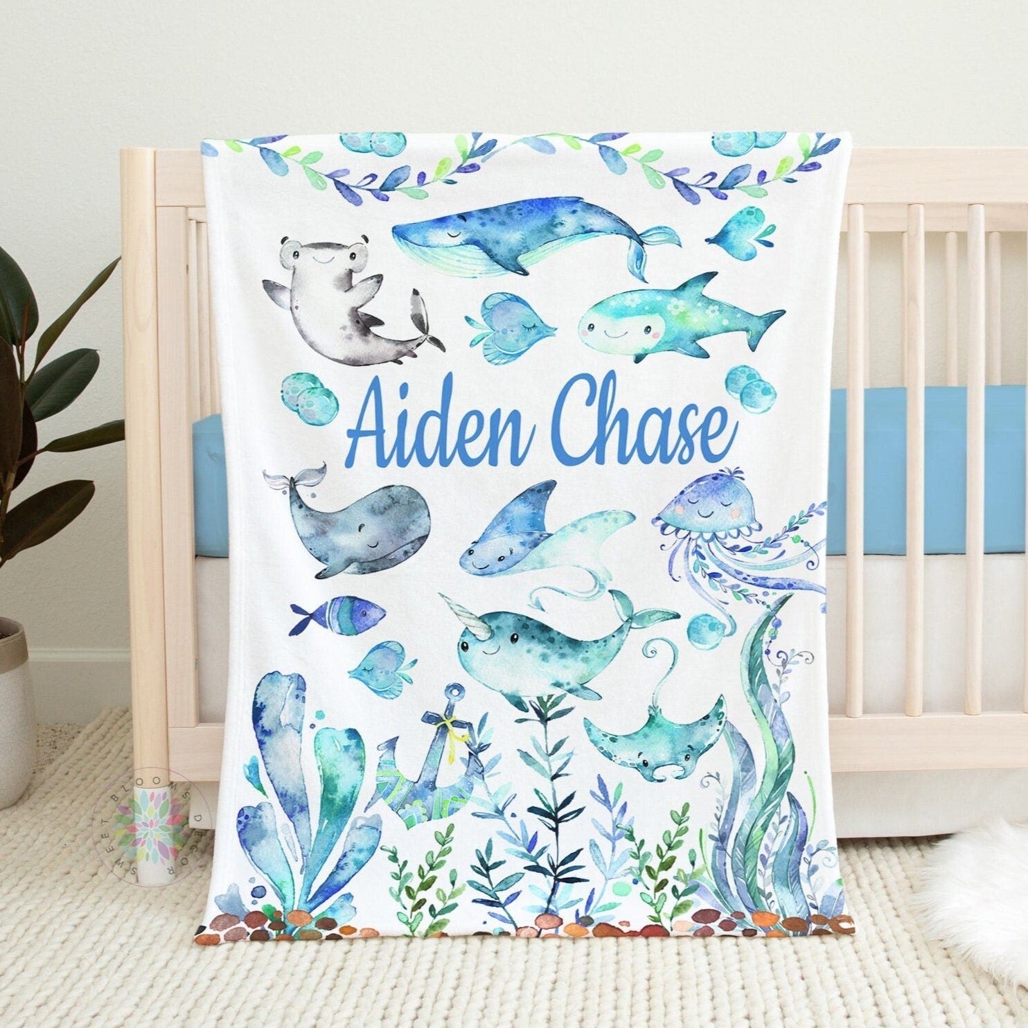 Sea Animals Baby Boy Name Baby Blanket, Personalized Under The Sea Watercolor Blue Green Whale Shark Fish Ocean Baby Shower Gift