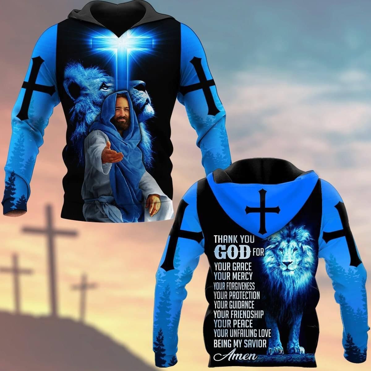 Thank You God For Your Grace Lion Jesus Blue Black Hoodie 3D All Over Print