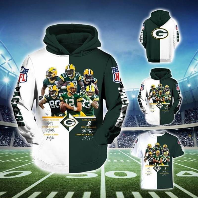 Green Bay Packers Team Logo And Players Signatures Jamaal William Jimmy Graham Aaron Jones Awesome Gift For Green Bay Packers Fans All Over Print Hoodie S-5Xl