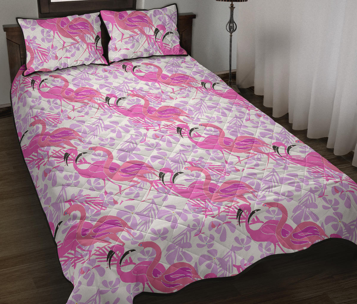 Pink flamingo flower pattern Quilt Bed Set