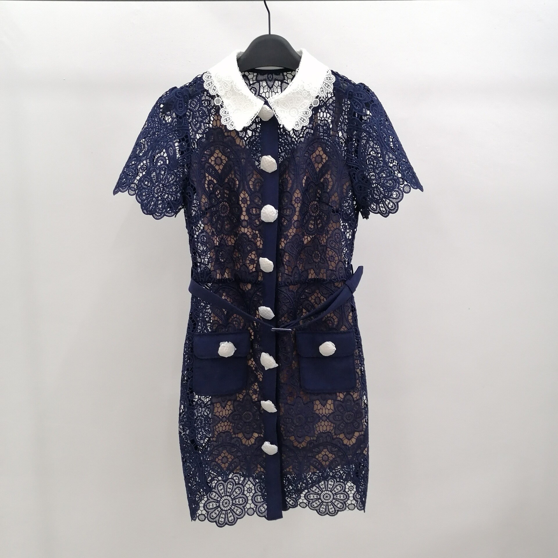 Women Two Pieces Set Mini Dress Lace Holllow out Peter pan Collar Single Breasted Short Sleeve Female Robe with Sashes alx