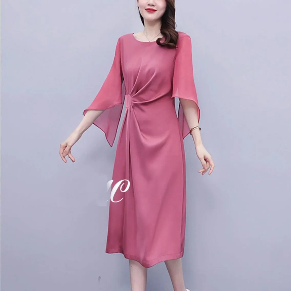 2022 Summer Thin Solid Color Chiffon Dress Korean Fashion Ruffle Sleeve Midi Flowy Party Dress M-3XL Big Size Women Vestido alx