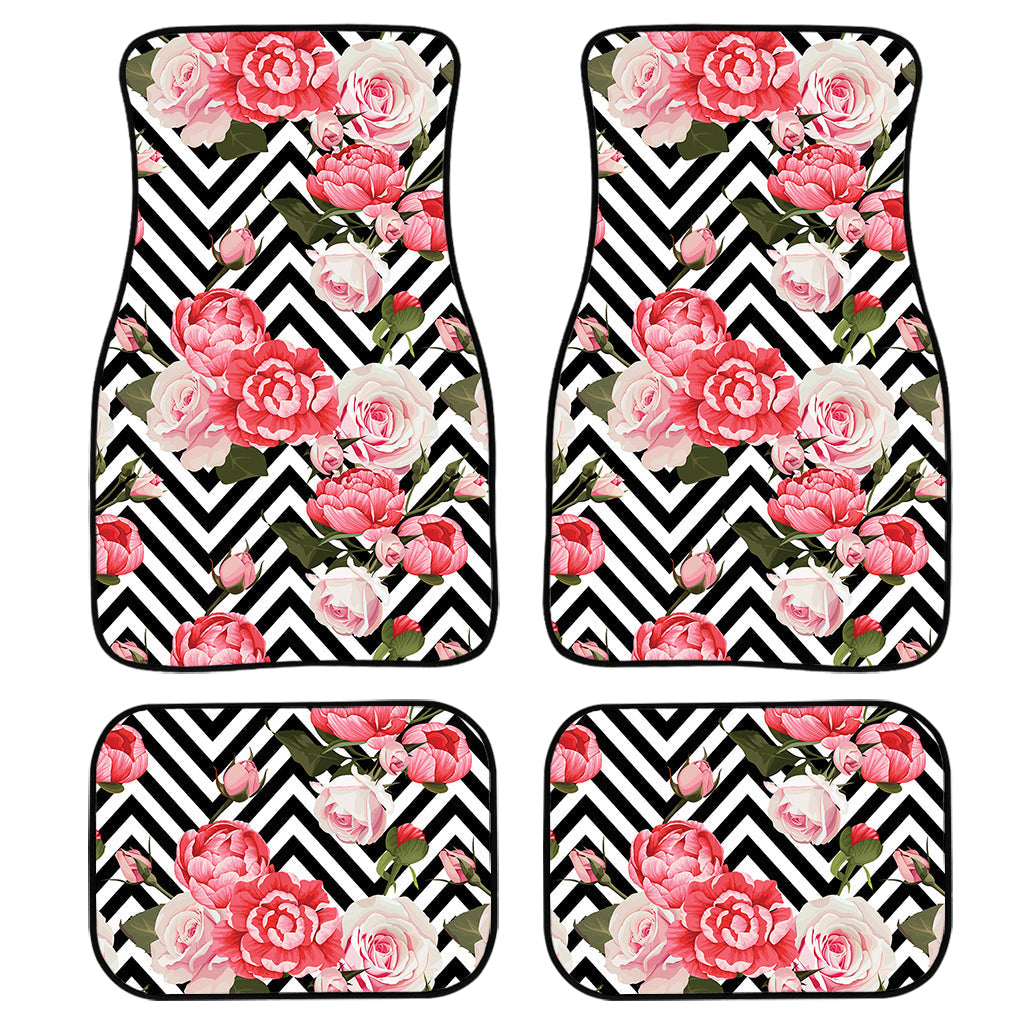 Zigzag Peony And Rose Pattern Print Front And Back Car Floor Mats, Front Car Mat