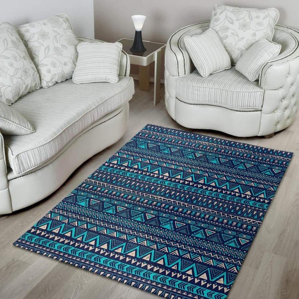 Blue Tribal Aztec Hand Drawn Area Rug