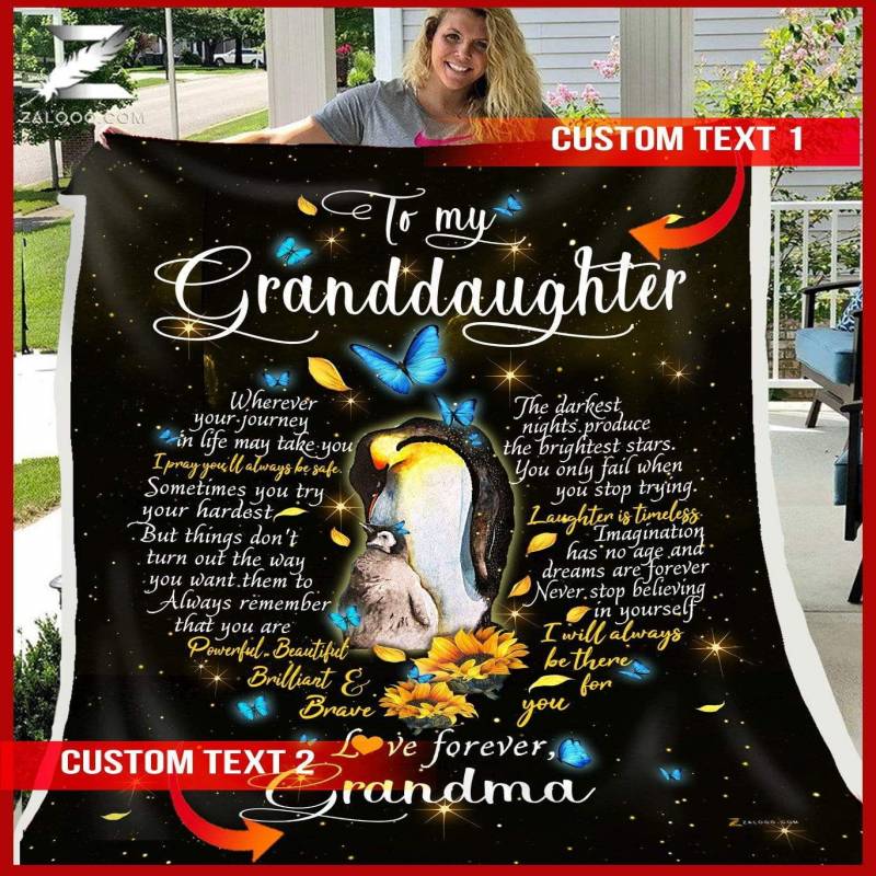 Custom Fleece Blanket – For Granddaughter From Grandma – Penguin – I Will Always Be There For You – Heart