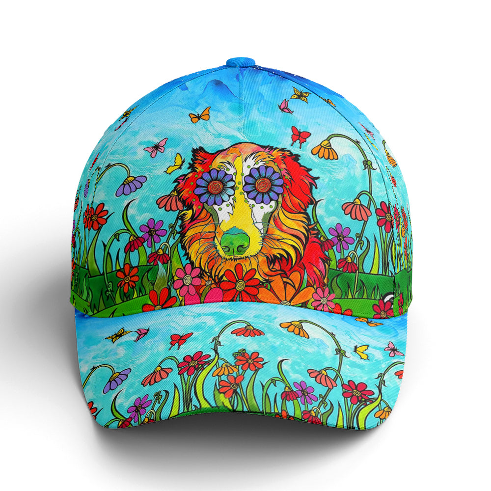 Australian Shepherd Flowers And Butterfly Art Style Baseball Cap Coolspod