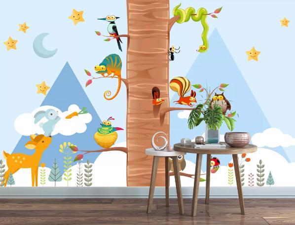 3D Cartoon Tree Animal Blue Wall Mural Wallpaper 258