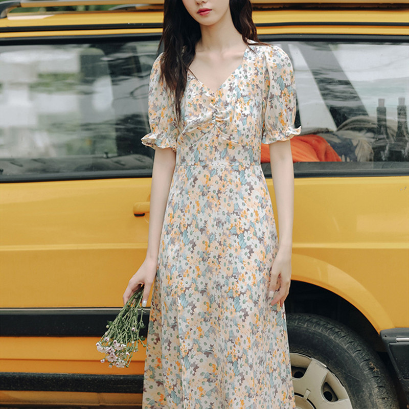 All Season Summer Casual Soft Fashion Women’s Dress Short Sleeve Long Skirt Slim Thin Grace Floral Picnic Pleated Folds Holiday alx
