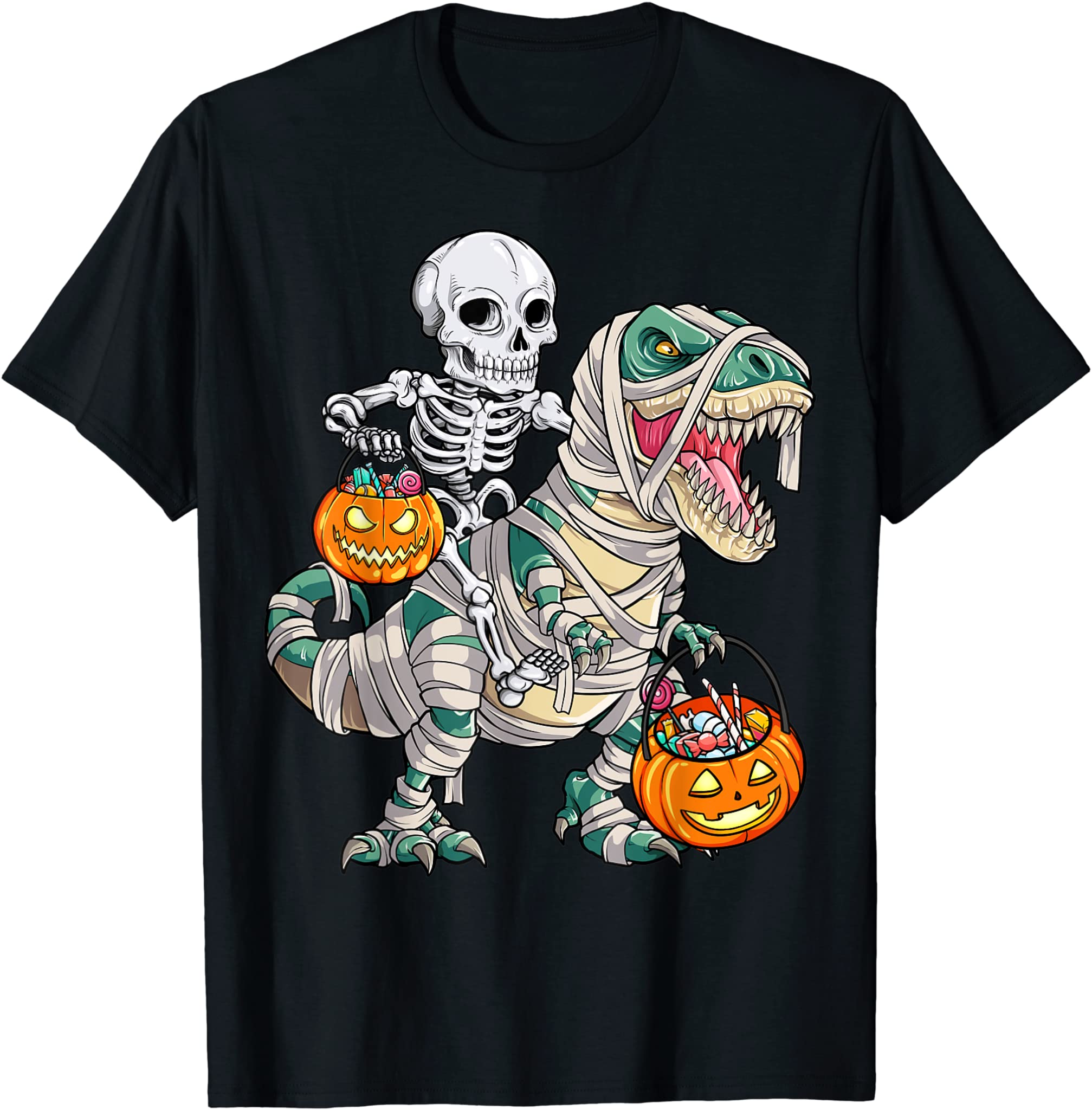 Skeleton Riding Mummy Dinosaur T Rex Halloween Funny Pumpkin T-Shirt