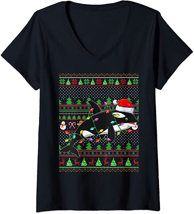 Womens Ugly Xmas Sweater Style Lighting Orca Fish Christmas V-Neck T-Shirt