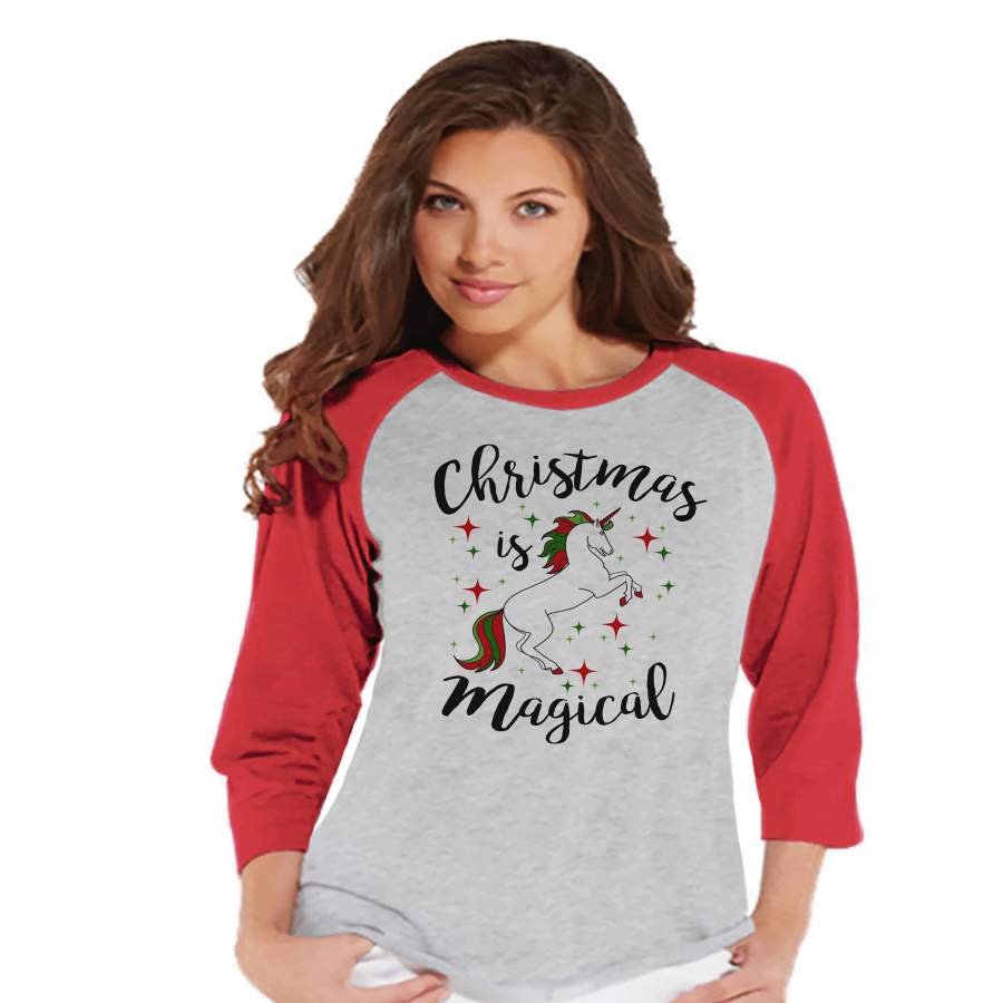 Women’s Unicorn Shirt – Christmas is Magical – Merry Christmas Unicorn T-shirt – Womens Red Raglan – Xmas Unicorn – Gift for Her – Stars