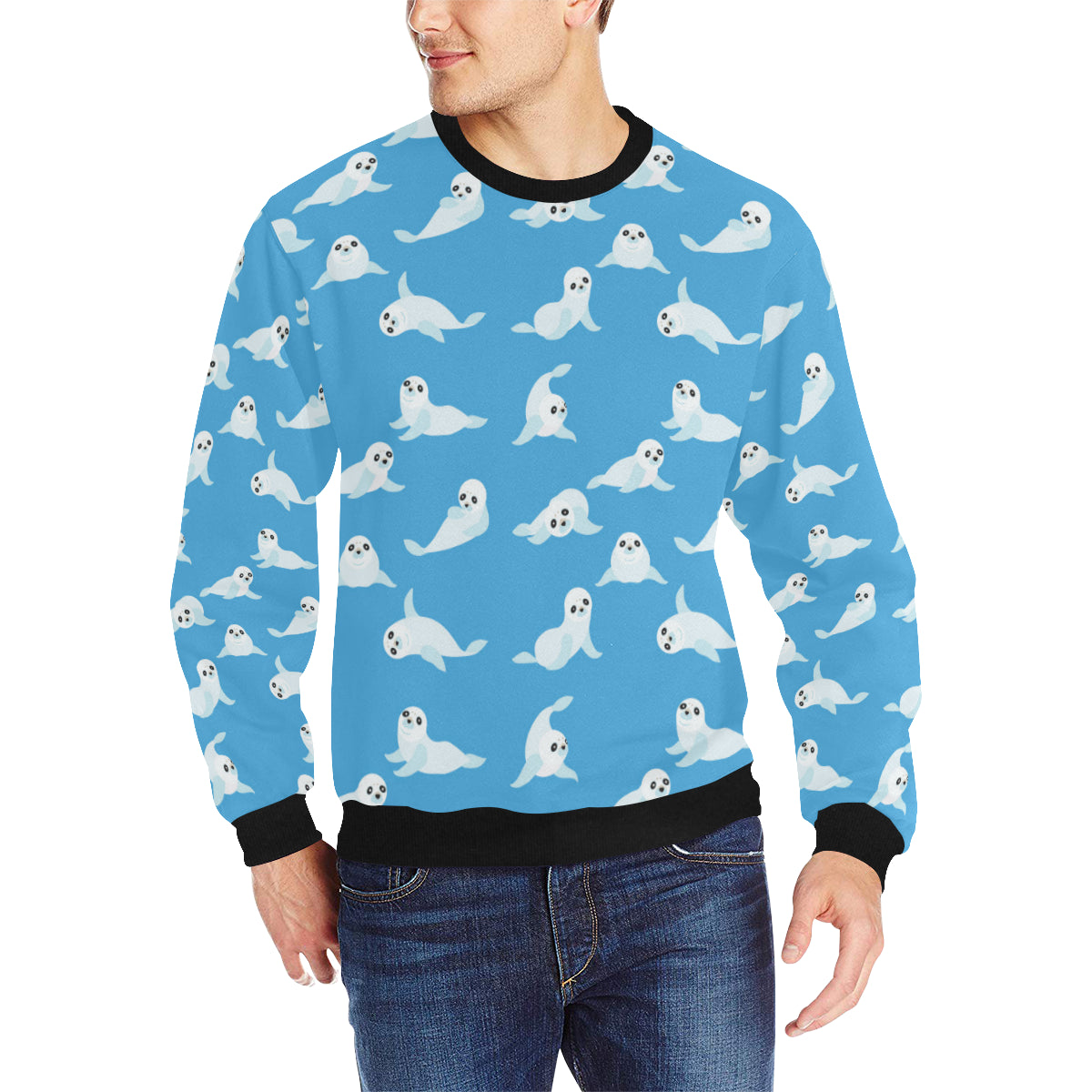 Cute sea lion seal pattern background Men’s Crew Neck Sweatshirt