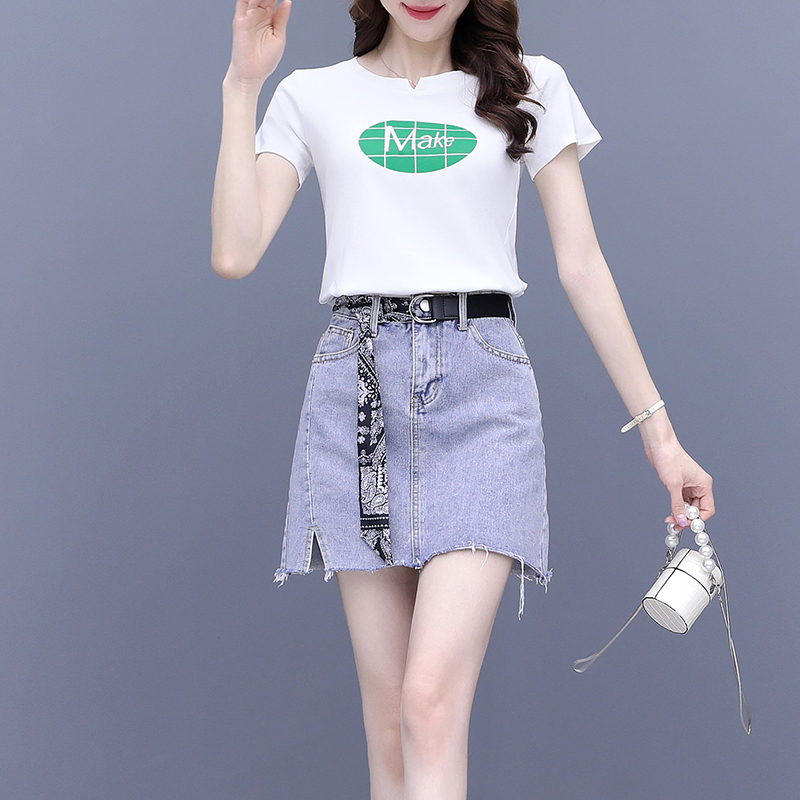 2022 Summer Fashion Women ‘s Denim Skirt Suit Letter O Neck White T-Shirt+Sashes All Match A Line Mini Jean Skirt Two Piece Set alx