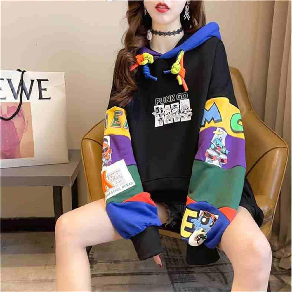 White Patchwork Hoodie Sweatshirt Girl Spring Women Loose Amine Hip Hop Tops Cute Funny Oversize Korean High Street Hoodies Coat alx