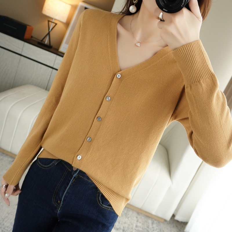 Spring Autumn New V-Neck Knitted Cardigan Women’s Loose Large Size Thin Sweater All-Match Jacket Pure Color Basic Small Cardigan alx