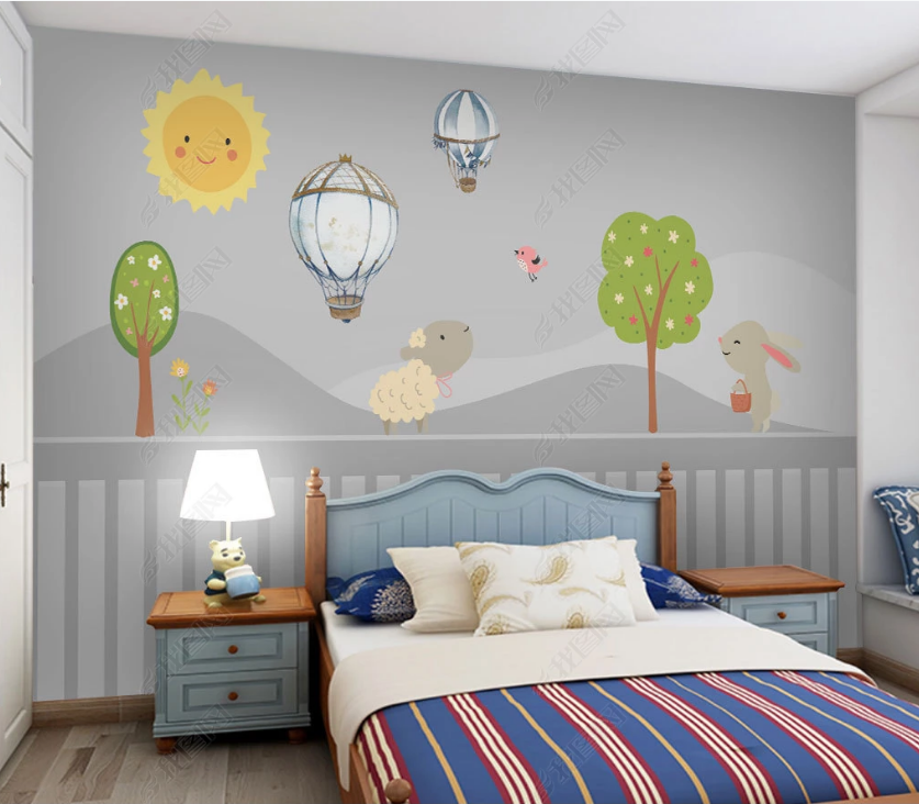 3D Cartoon Sun Animal Hot Air Balloon Wall Mural Wallpaper Lqh 103