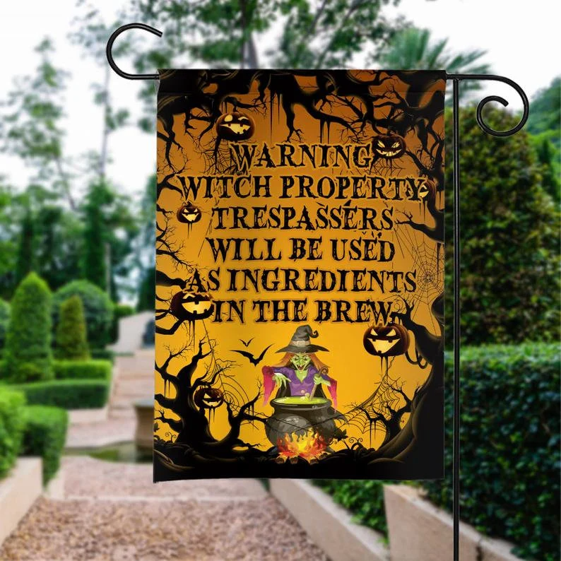 Warning Witch Property Trespassers Garden Flag Halloween Flag, Halloween Witches Garden Flag Canvas Custom Yard Flags Floral Home Decor