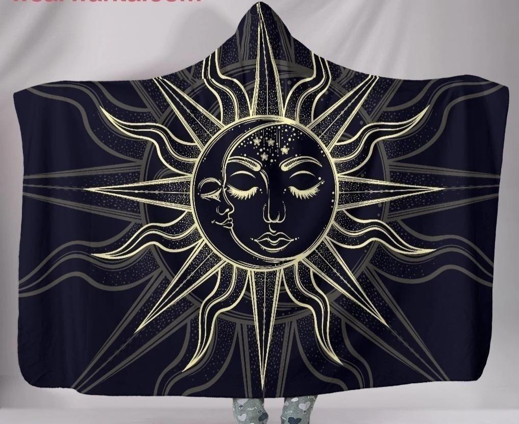 Bohemian Sun and Moon Black Hooded Blanket Gift Idea