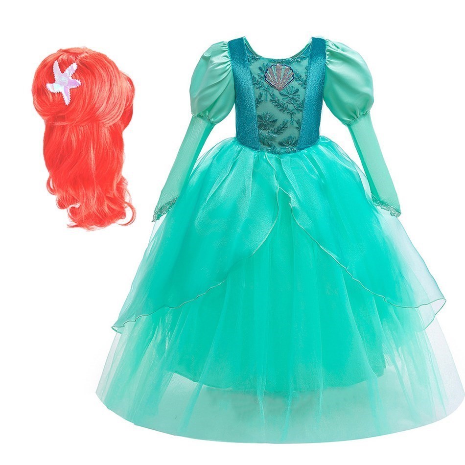 Ariel Mermaid Costume For Girl Halloween Party Dress Children Green Tulle Wedding Clothing Kids Longsleeve Vestidos 3-10Years alx