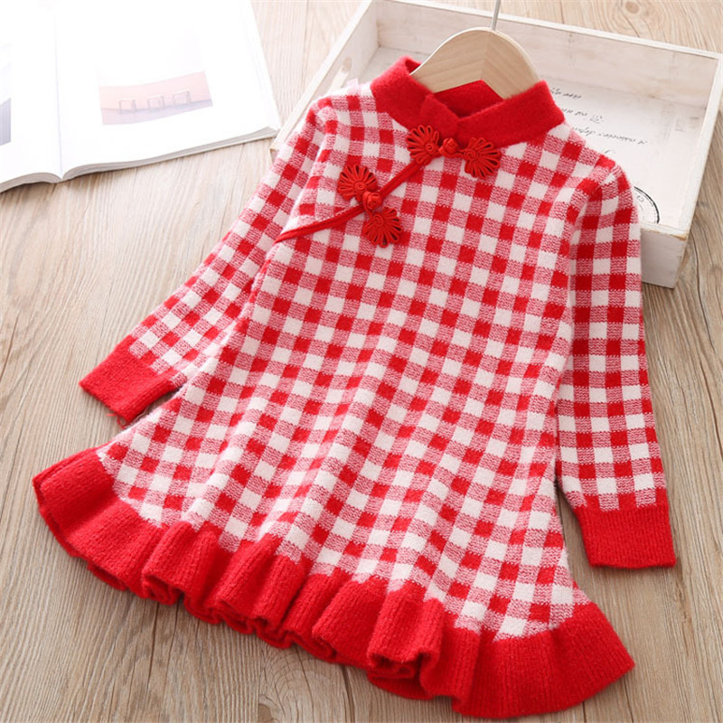 Baby girl sweater 0-6Y autumn winter thick warm dress girl rabbit fur knitted sweater dress Chinese style retro cheongsam dress alx