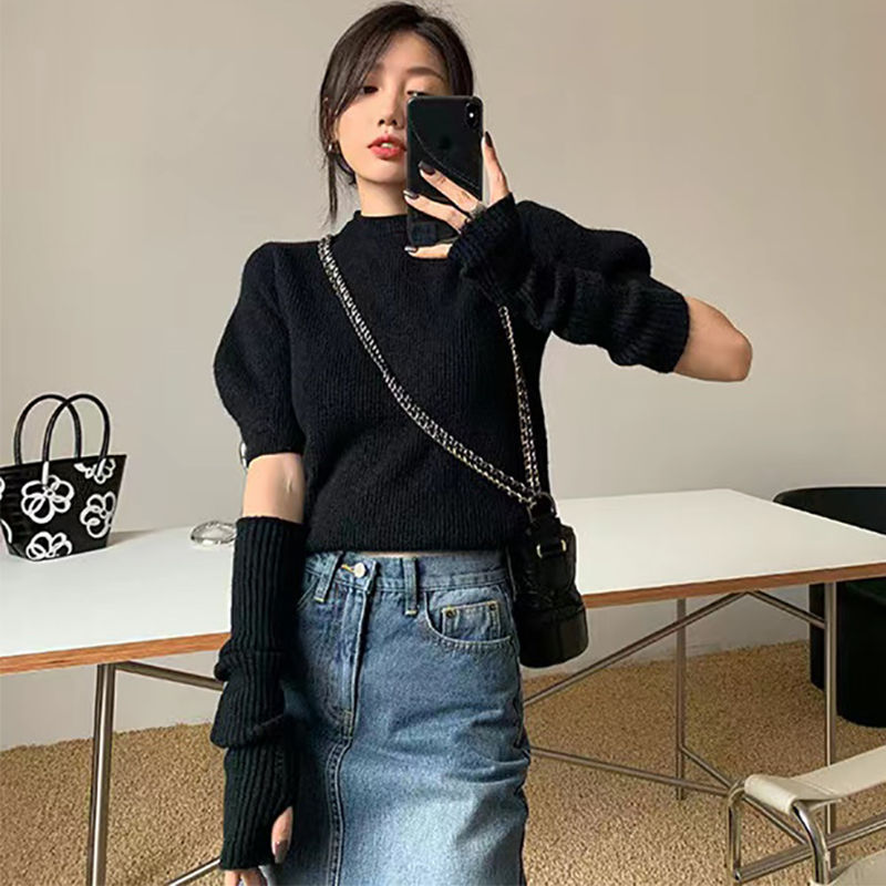 2022 Korean Style Knitted Sweater with Detachable Sleeves Women Casual Y2k Crop Tops Puff Sleeve Pullovers Office Lady Jerseys alx