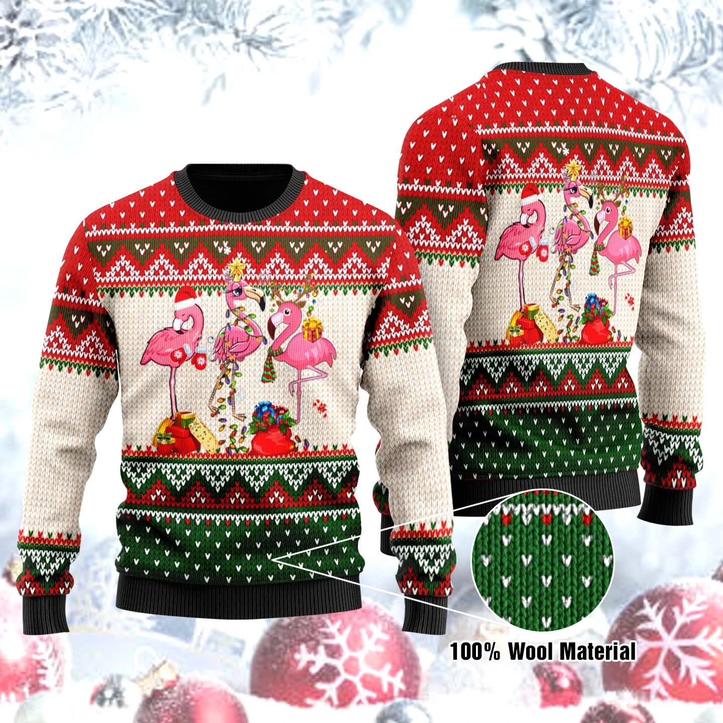 Three Flamingos Ugly Christmas Pattern Wool Sweater