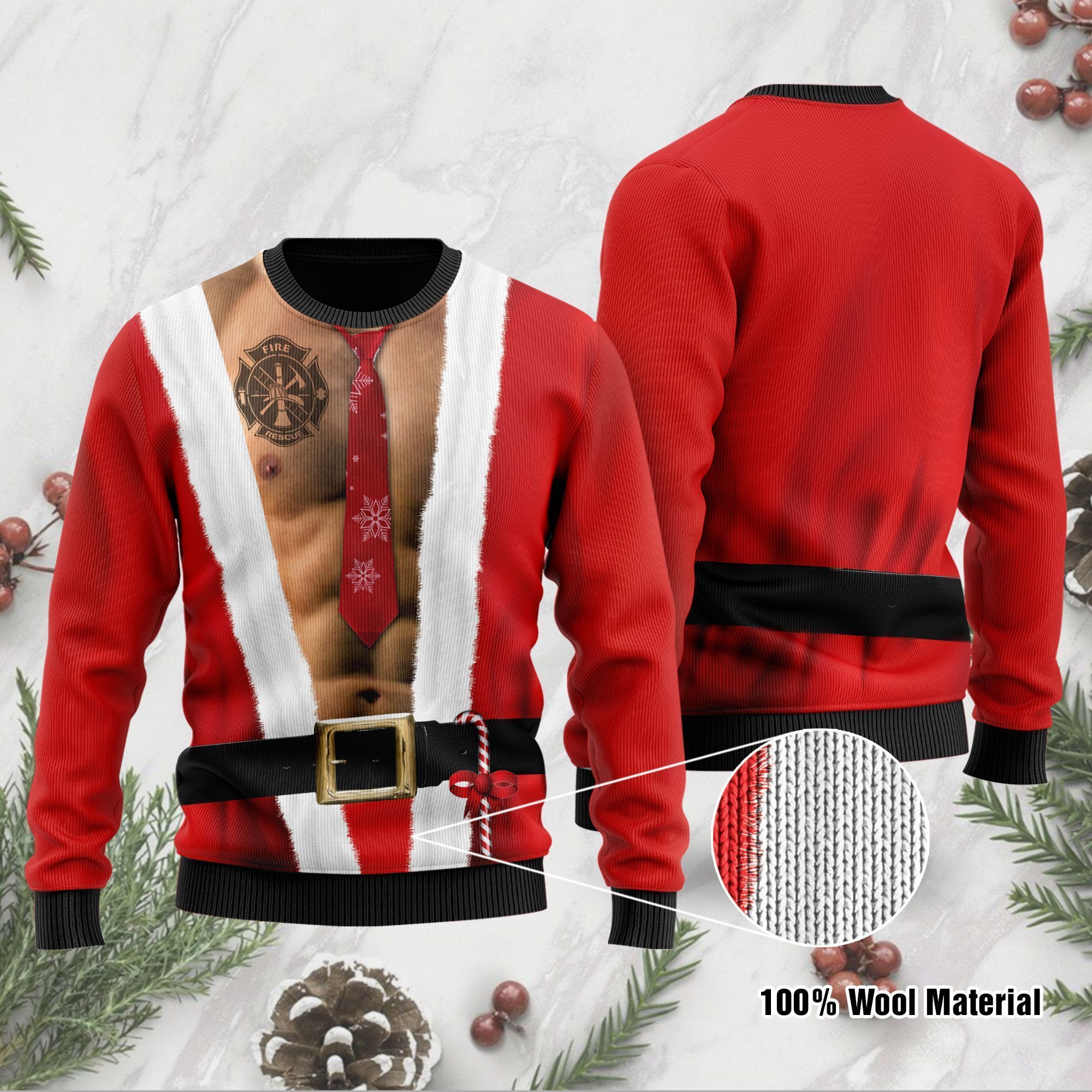 6 Packs Body Ugly Sweater With Firefighter Tattoo For Firefighters On National Ugly Sweater Day And Christmas Time