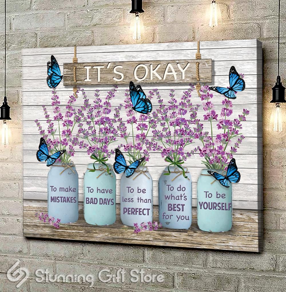 Lavender Flower Vase Blue Butterfly Canvas It’s okay to make mistakes Wall Art