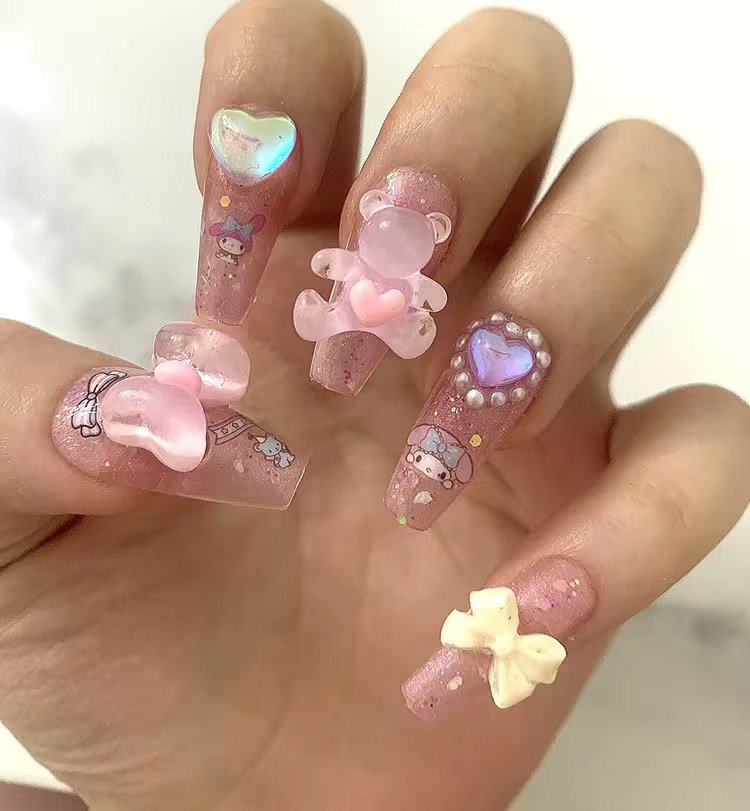 Pink Cute Bear Press On Nails/Pink Kawaii Bear Fake Nails/Y2k nails/Japanese Cute Nails/ Reusable Fake Nails/Bow tie Nails #41